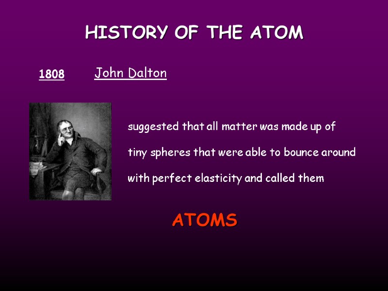 HISTORY OF THE ATOM 1808 John Dalton suggested that all matter was made up